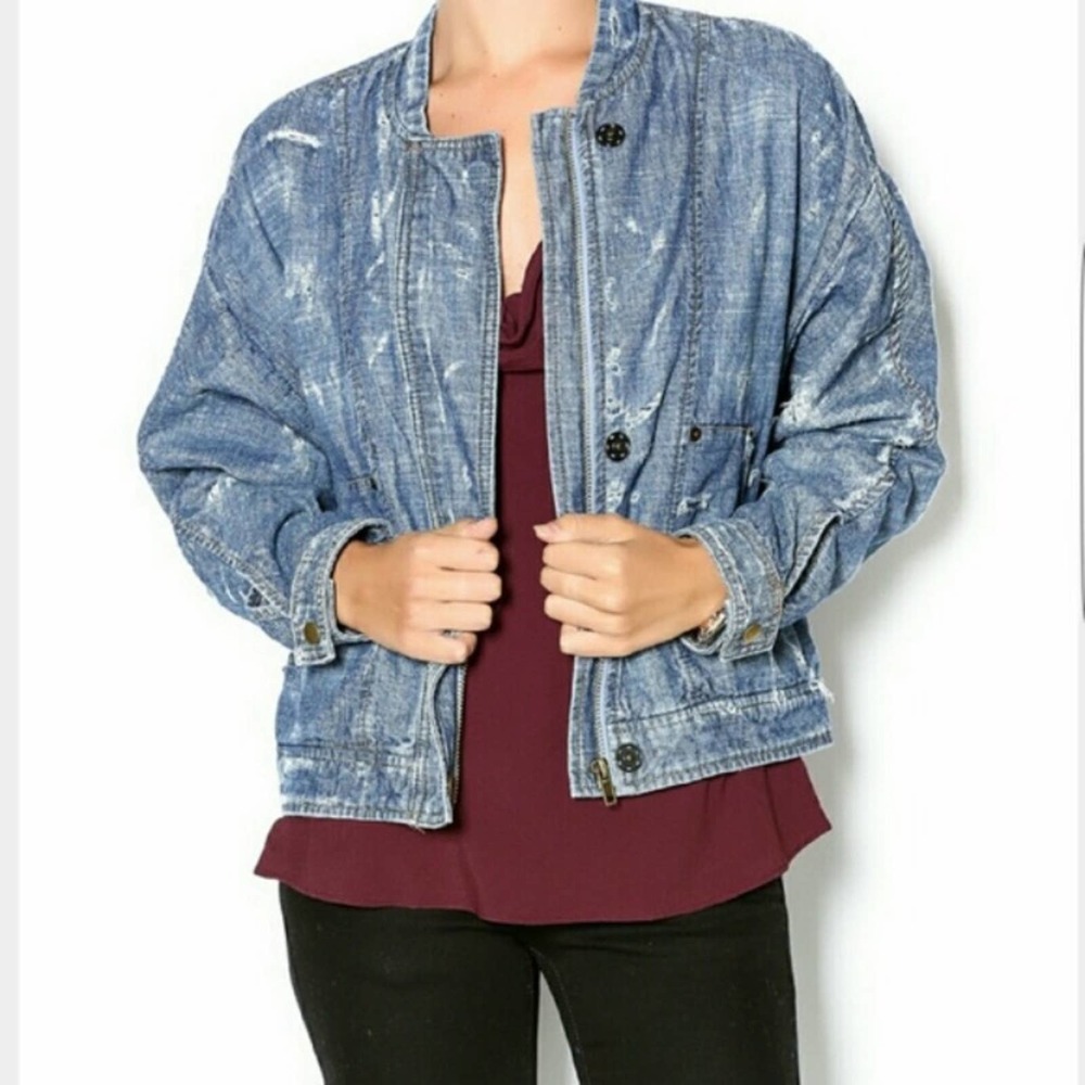 Free People Distressed Denim Bomber Tennis Jacket